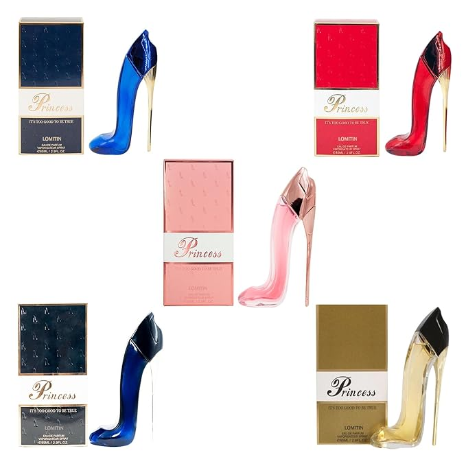Princess High Heel Perfume for Women (2.9oz/85ml x 5pcs), Black, Gold, Pink, Blue & Red, Eau de Parfum, (Pack of 5)