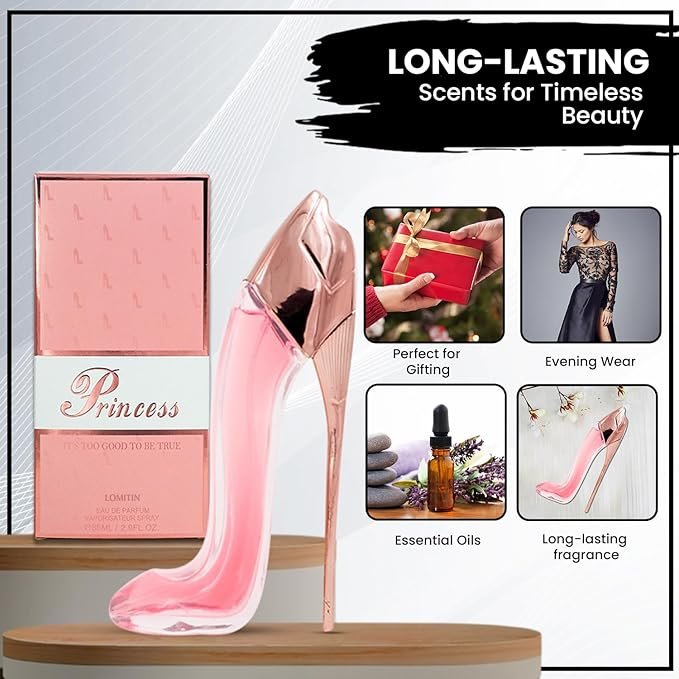 Princess High Heel Perfume for Women (2.9oz/85ml x 5pcs), Black, Gold, Pink, Blue & Red, Eau de Parfum, (Pack of 5)