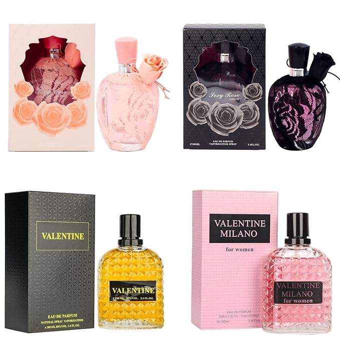 Valentine and Sexy Rose Perfume for Women (3.4oz/100ml x 4pcs) Valentine Milano Born In Roma, Rock N Rose, Eau de parfum, Pack of 4