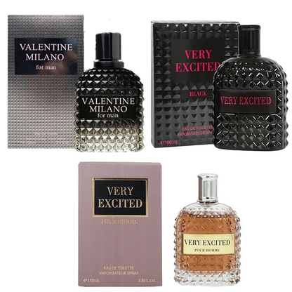 Valentine Milano and Very Excited and Very Excited Black Cologne for Men Eau De Parfum and Eau De Toilet 3.4oz Fl Oz/100ml each, Wonderful Gift, Masculine Scent for All Skin Types (Pack of 3)