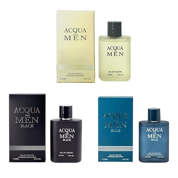 Acqua Cologne for Men Combo (3.4oz / 100ml x 3pcs) Eau de toilette, (Acqua, Acqua Black, Acqua Blue) Pack of 3pc