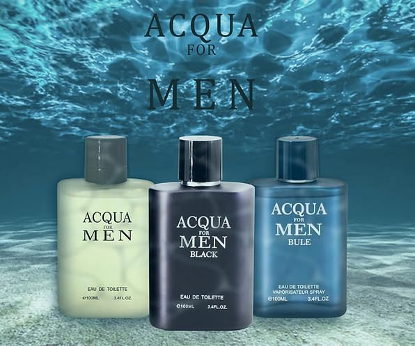 Acqua Cologne for Men Combo (3.4oz / 100ml x 3pcs) Eau de toilette, (Acqua, Acqua Black, Acqua Blue) Pack of 3pc