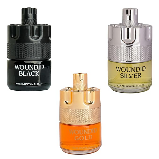 Woundid Black, Silver & Gold Cologne for Men | Combo 3 pack Woundid perfume for Men | Eau De Parfum | 3.4oz x 3 | Woody Spicy Fragrance - Long-Lasting Cologne