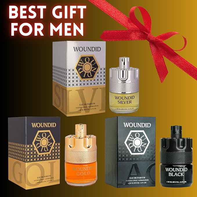 Woundid Black, Silver & Gold Cologne for Men | Combo 3 pack Woundid perfume for Men | Eau De Parfum | 3.4oz x 3 | Woody Spicy Fragrance - Long-Lasting Cologne