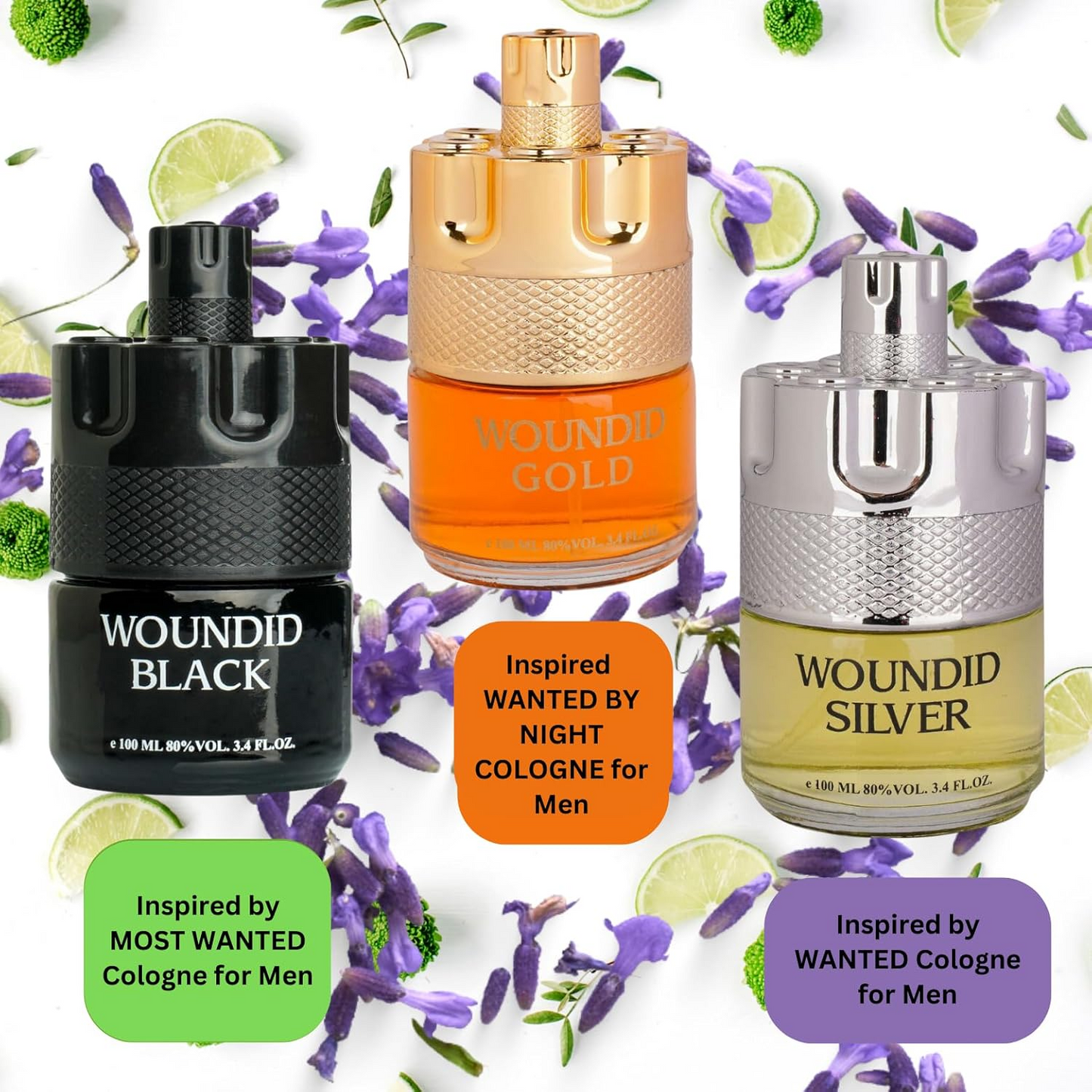 Woundid Black, Silver & Gold Cologne for Men | Combo 3 pack Woundid perfume for Men | Eau De Parfum | 3.4oz x 3 | Woody Spicy Fragrance - Long-Lasting Cologne