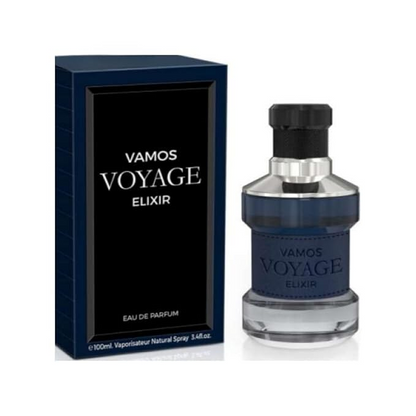 Vamos Voyage Elixir Cologne for Men 3.4oz / 100ml Eau De Parfum iconic freshness unleashes a captivating trail that vibrates with notes of Grapefruit, organic AOP Lavender, Spices and rich Woods
