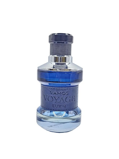 Vamos Voyage Elixir Cologne for Men 3.4oz / 100ml Eau De Parfum iconic freshness unleashes a captivating trail that vibrates with notes of Grapefruit, organic AOP Lavender, Spices and rich Woods