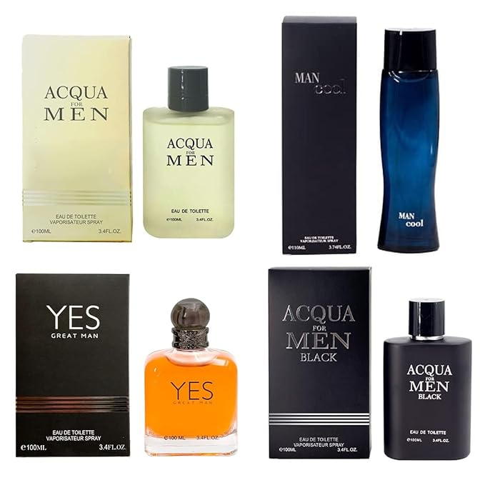 Signature Scent 4-Piece Fragrance for Men Includes Yes Great Men/Acqua for Men/Acqua for Men Black/Man Cool of Woody, Spicy, Citrus, Cologne for Men in 100ml/3.4 Fl oz x 4 Bottle