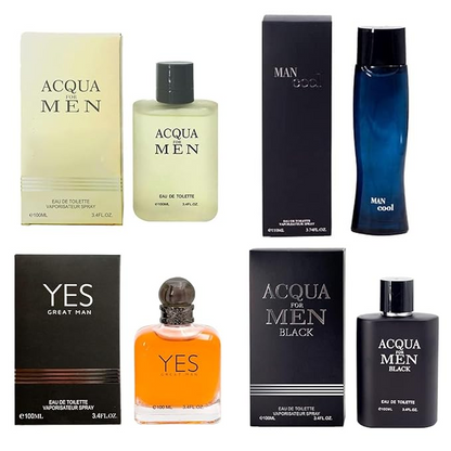 Signature Scent 4-Piece Fragrance for Men Includes Yes Great Men/Acqua for Men/Acqua for Men Black/Man Cool of Woody, Spicy, Citrus, Cologne for Men in 100ml/3.4 Fl oz x 4 Bottle