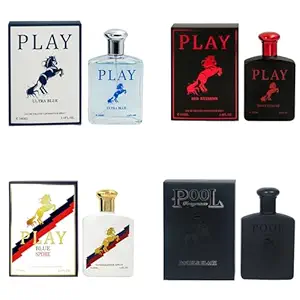 Play Cologne for Men (Play Red Extreme, Play bluesport, Play double black, Play ultra blue) (PACK OF 4) x 100ml / 3.4oz each Eau De Toilette Spray Perfume for men
