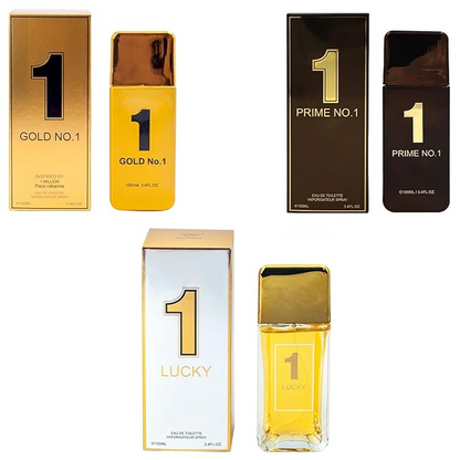 Cologne for Men (3.4oz/100ml x 3Pcs), Eau de toilette, Pack of 3pc (Gold no.1, Prime No.1, Lucky)