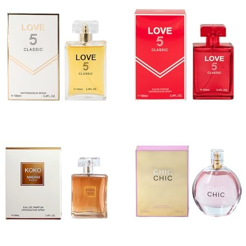 Perfume for Women Love no 5 Classic, Love no 5 Red, Koko Madam, Chic Chic, (Pack of 4) x 3.4oz / 100ml each Eau de Parfum Spray