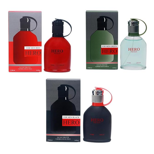Hero Red, Green, Black Cologne for Men (3.4oz/100ml x 3 Pcs), Eau De Toilette, Wonderful Gift, Masculine Scent for All Skin Types (Pack of 3)