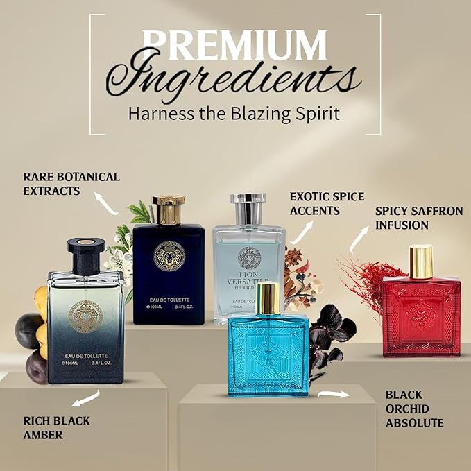 Lion Versatile Cologne for Men (3.4oz/100ml x 5pcs) Fragrance Gift Set for Men - Aromatic, Floral, Oriental & Woody Notes - Individually Boxed, Eau De Toilette (Pack of 5)