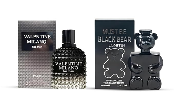 Valentine Milano for Men (EDP) & Must Be Black Bear Cologne (EDT), Fragrance for Men, 3.4 Fl Oz Each (Pack of 2)