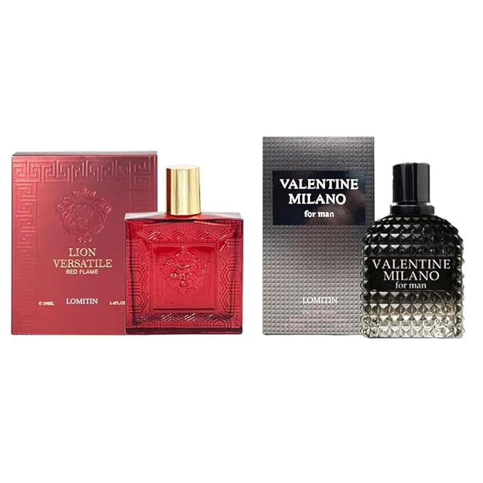 Valentine Milano for Men (EDP) & Lion Versatile Red Flame Cologne (EDT), Fragrance for Men, 3.4 Fl Oz Each (Pack of 2)