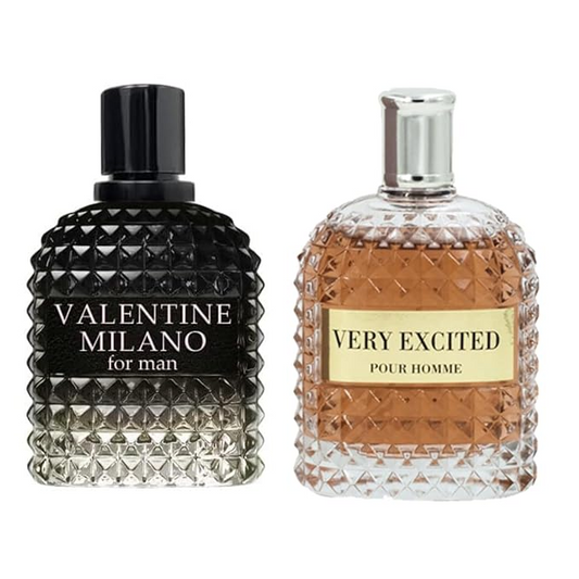 Valentine Milano for Men (EDP) & Very Excited Pour Homme Cologne For Men (EDT), 3.4 Fl Oz Each (Pack of 2)
