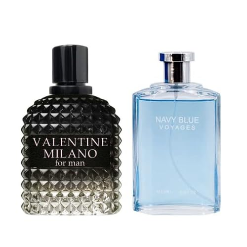 Valentine Milano for Men (EDP) & Navy Blue Voyages (EDT), Warm Masculine Scent for Daily Use, Casual Men's Cologne, 3.4oz/100ml (Pack of 2)